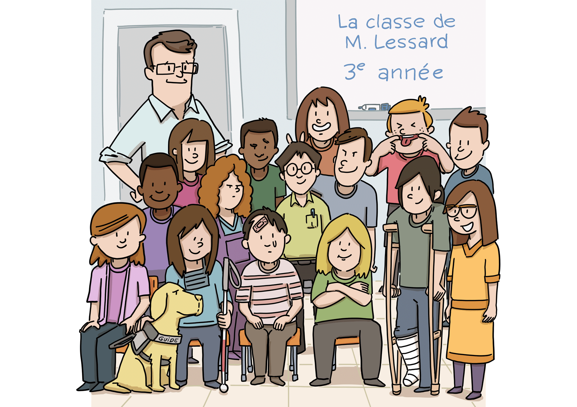 Un portrait de la classe de troisième année de Monsieur Lessard et de ses élèves. Certains enfants ont les cheveux longs, d’autres ont les cheveux courts et deux d’entre eux portent des lunettes. L’une des filles est mal-voyante. L’un des garçons est en béquilles et porte un plâtre à la jambe droite. Un garçon a un pansement sur le front et a une larme à l’œil. Il s’est peut-être fait mal à la récréation. Une fille aux cheveux frisés a un air fâché, mais la plupart des élèves sourient.