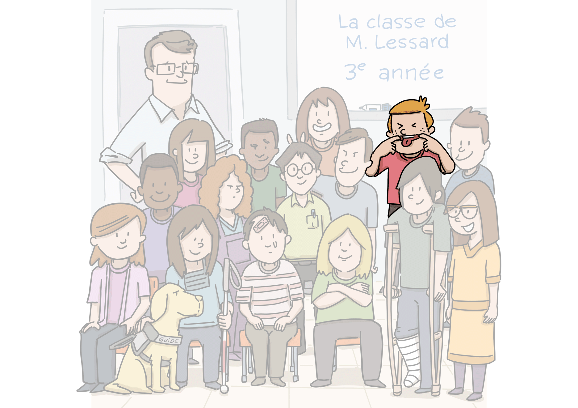 Zak a des cheveux courts roux et il est très grand. Il fait une grimace en tirant la langue, les yeux fermés. Il a l’air un peu agité.