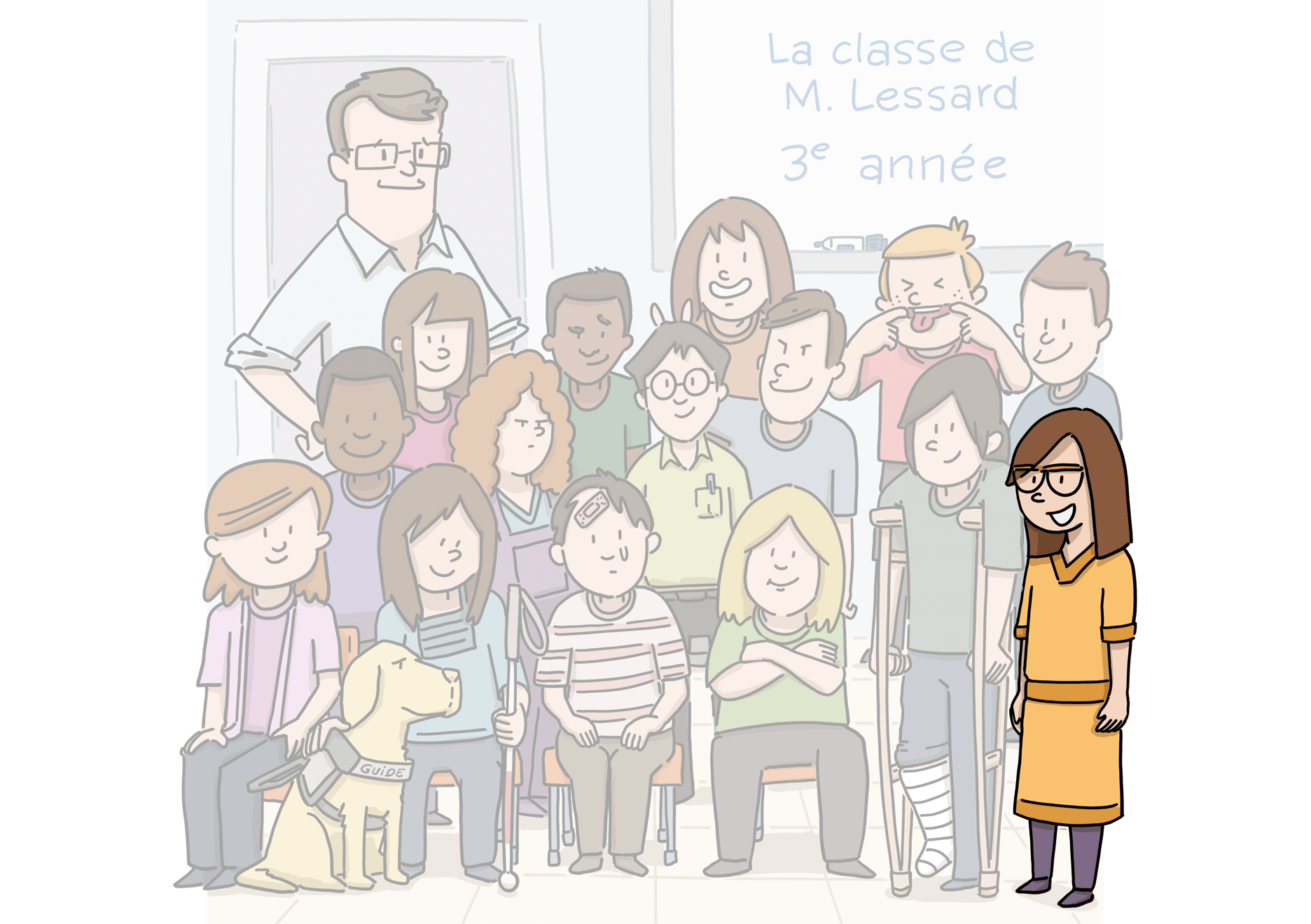 Yasmine est la plus grande fille de la classe. Elle a des cheveux mi-longs bruns, et porte des lunettes. Elle fait un grand sourire.