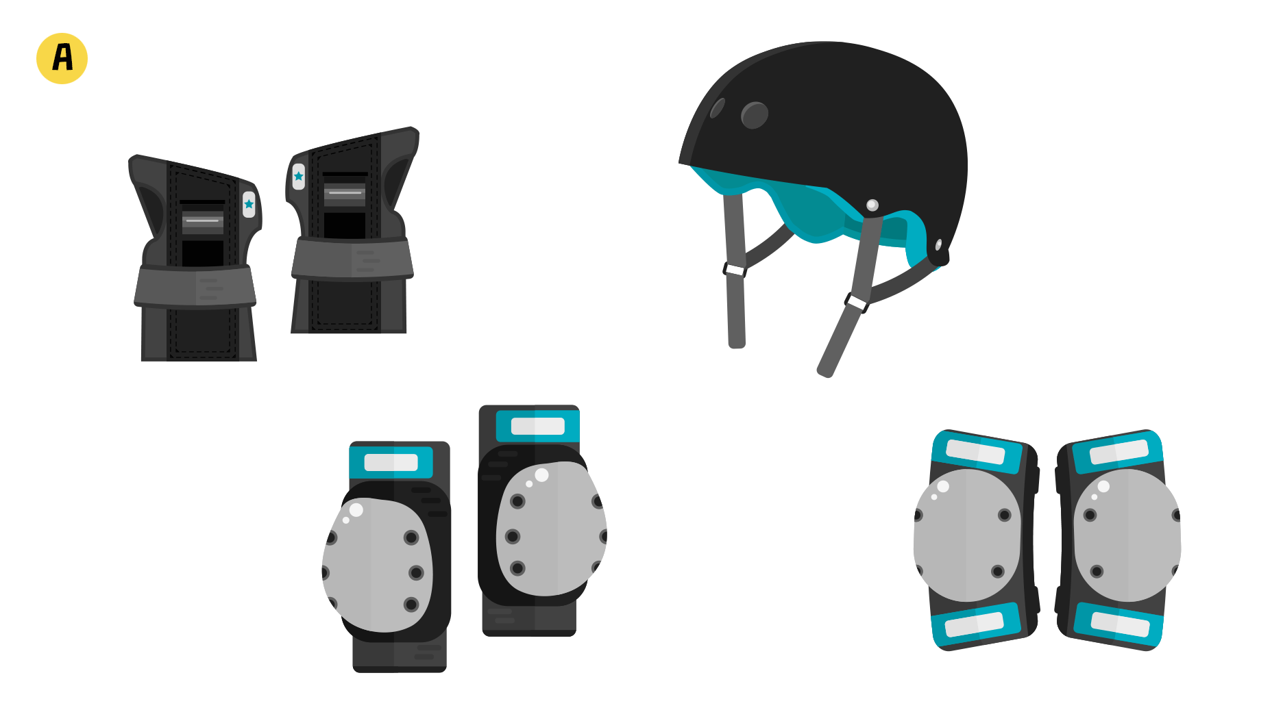 A. casque de vélo, genouillères et gants