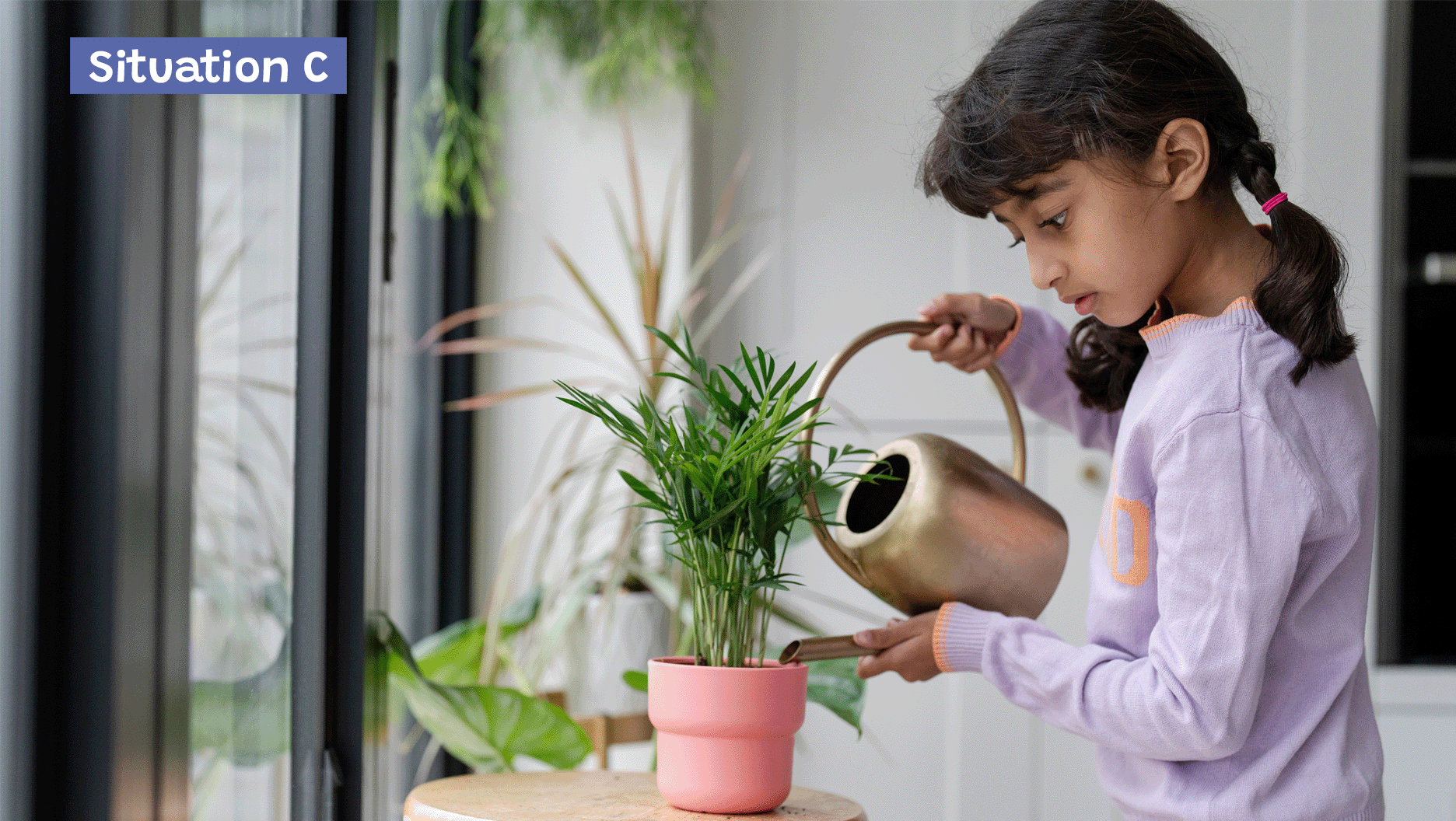 Une fille arrose une plante dans sa maison.