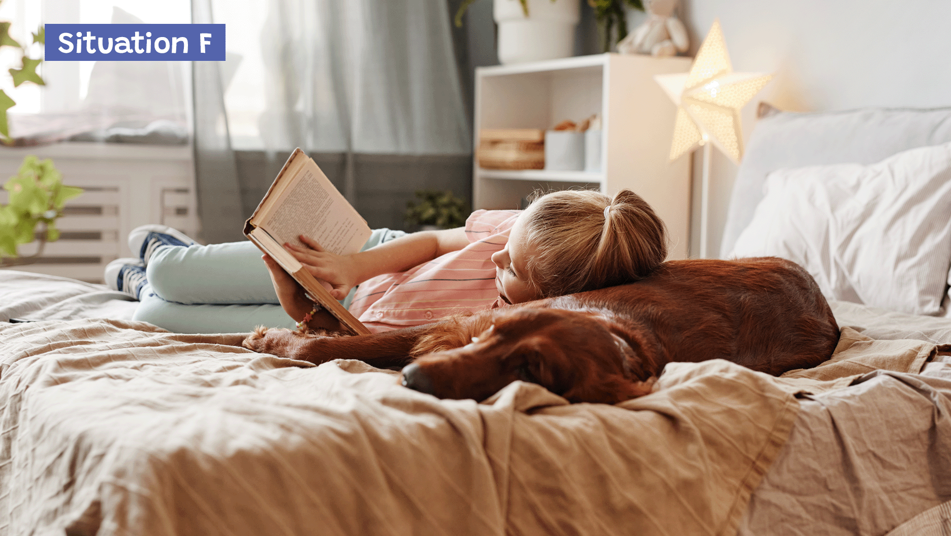 Une fille lit un livre, la tête appuyée sur son chien.