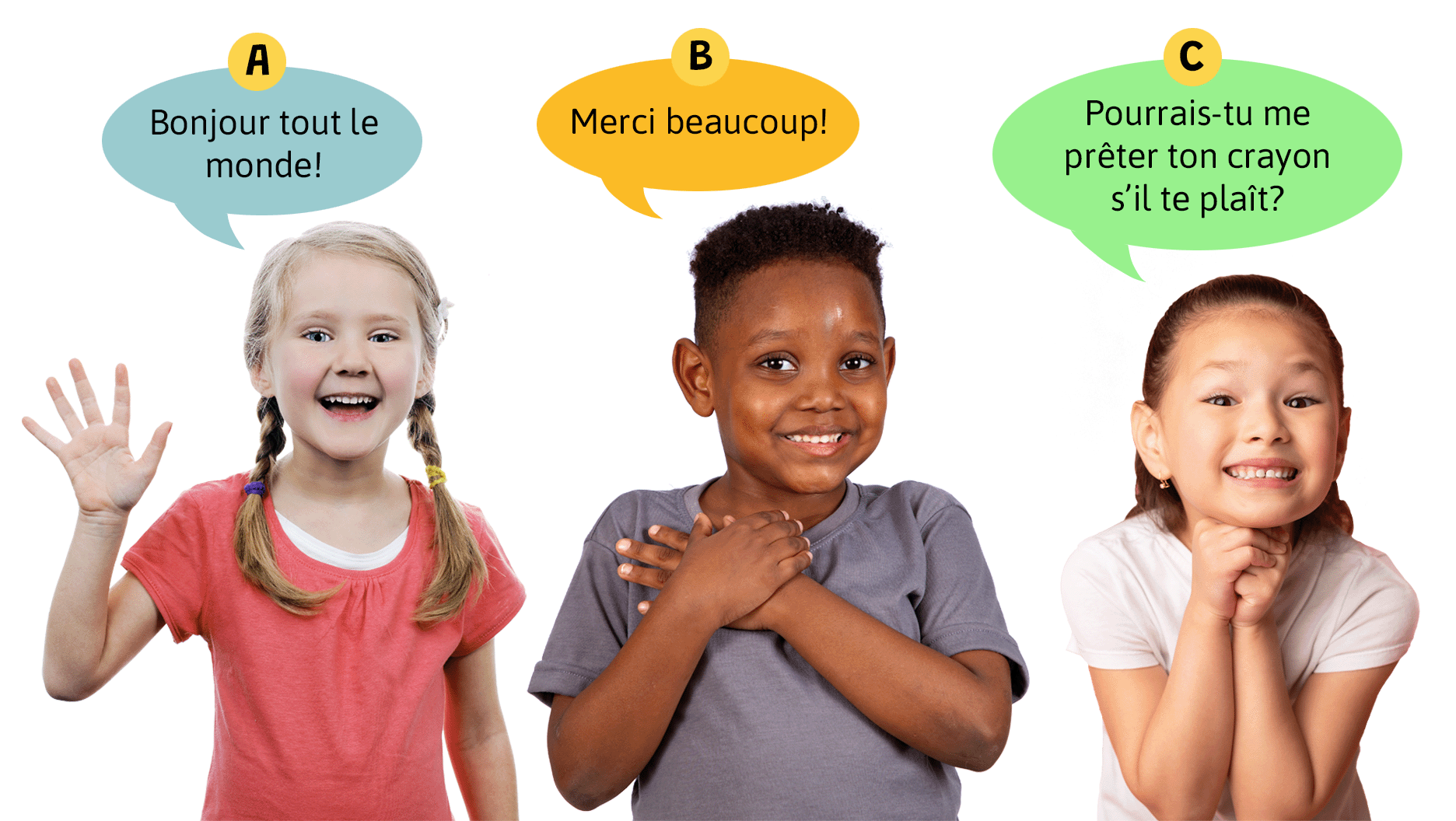 A. Bonjour tout le monde! B. Merci beaucoup! C. Pourrais-tu me prêter ton crayon, s’il te plaît?