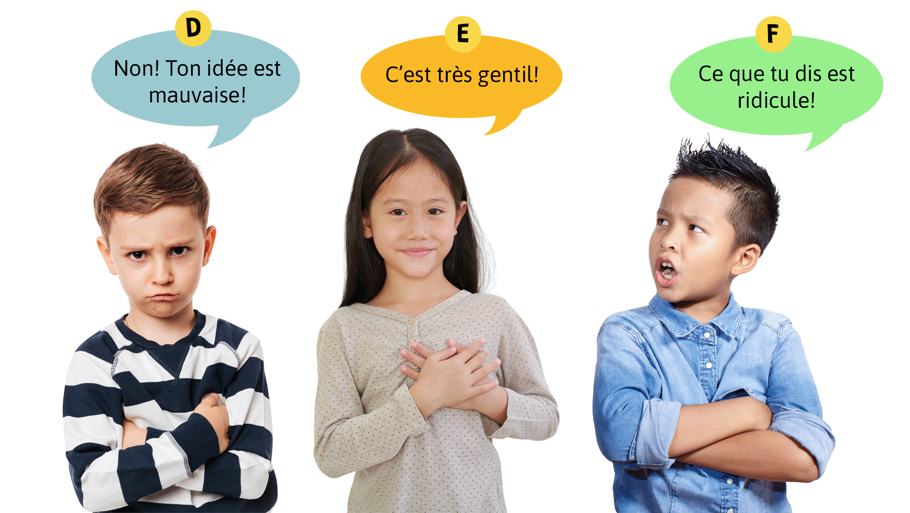 D. Non! Ton idée est mauvaise! E. C’est très gentil! F. Ce que tu dis est ridicule!