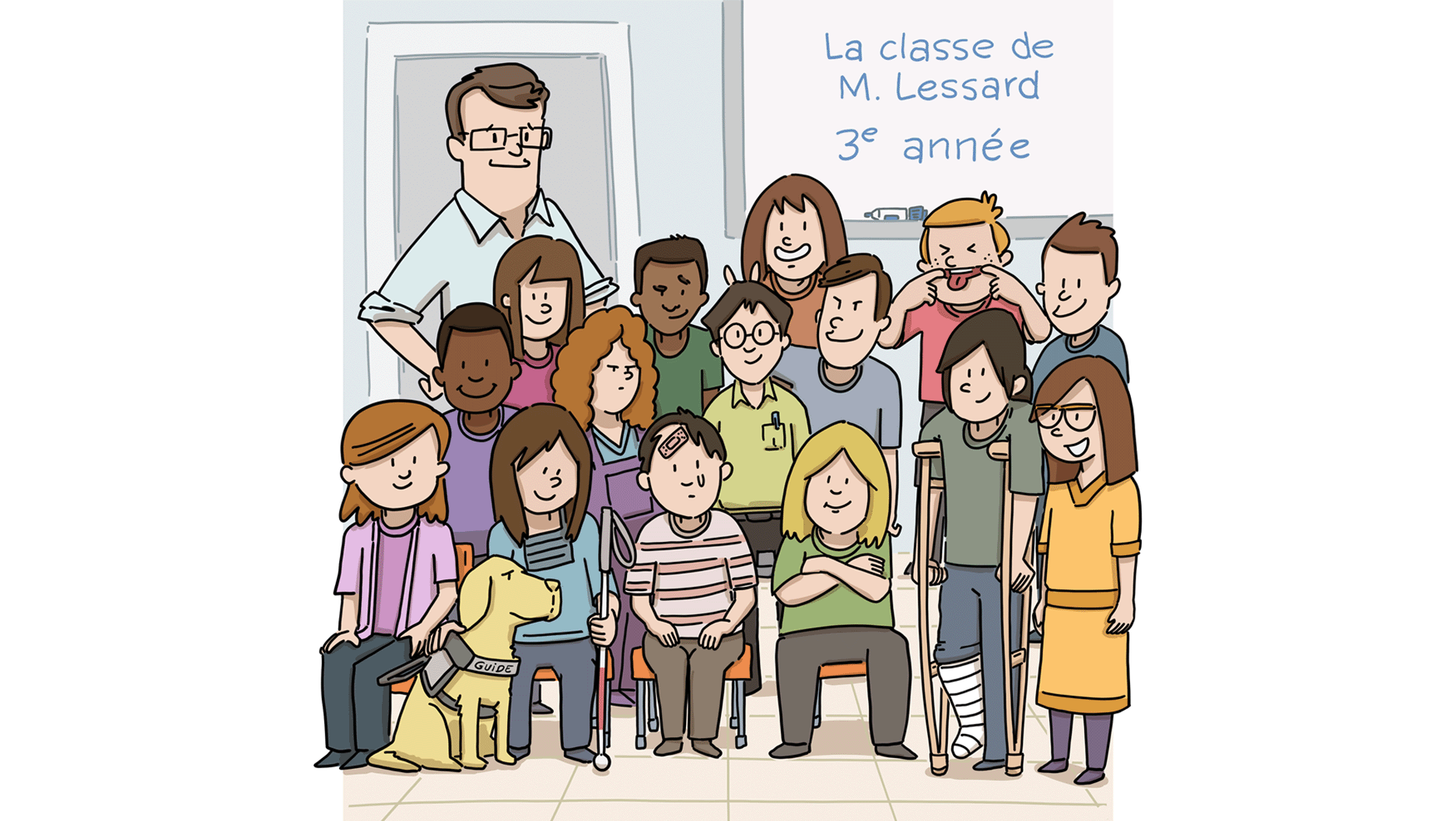 Un portrait de la classe de troisième année de Monsieur Lessard et de ses élèves. Certains enfants ont les cheveux longs, d’autres ont les cheveux courts et deux d’entre eux portent des lunettes. L’une des filles est mal-voyante. L’un des garçons est en béquilles et porte un plâtre à la jambe droite. Un garçon a un pansement sur le front et a une larme à l’œil. Il s’est peut-être fait mal à la récréation. Une fille aux cheveux frisés a un air fâché, mais la plupart des élèves sourient.