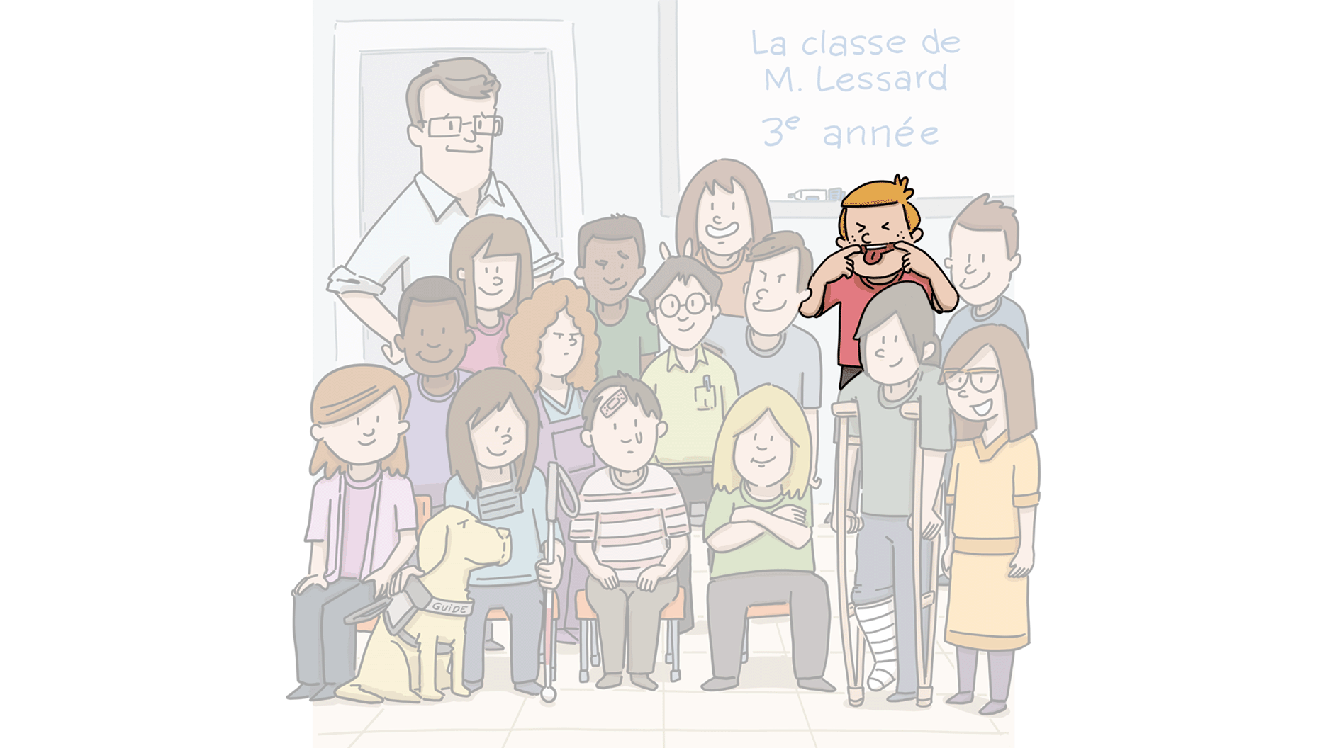 Zak a des cheveux courts roux et il est très grand. Il fait une grimace en tirant la langue, les yeux fermés. Il a l’air un peu agité.