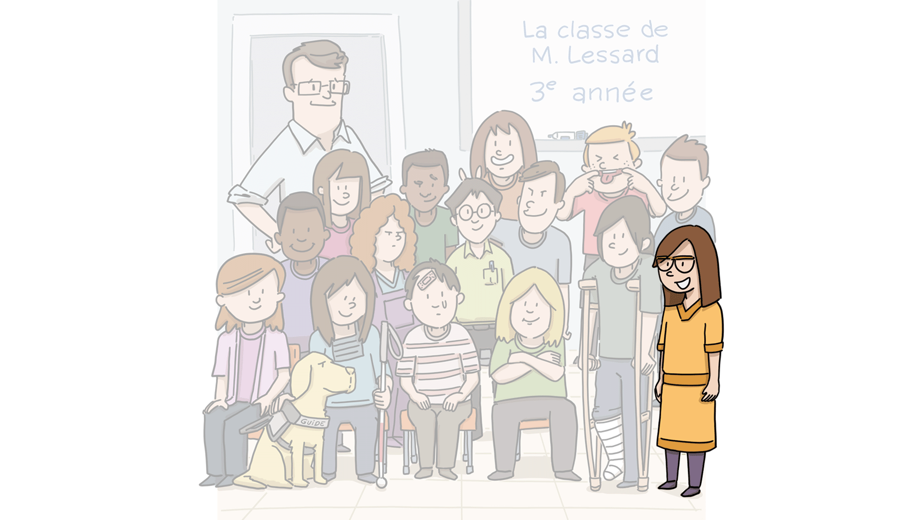 Yasmine est la plus grande fille de la classe. Elle a des cheveux mi-longs bruns, et porte des lunettes. Elle fait un grand sourire.