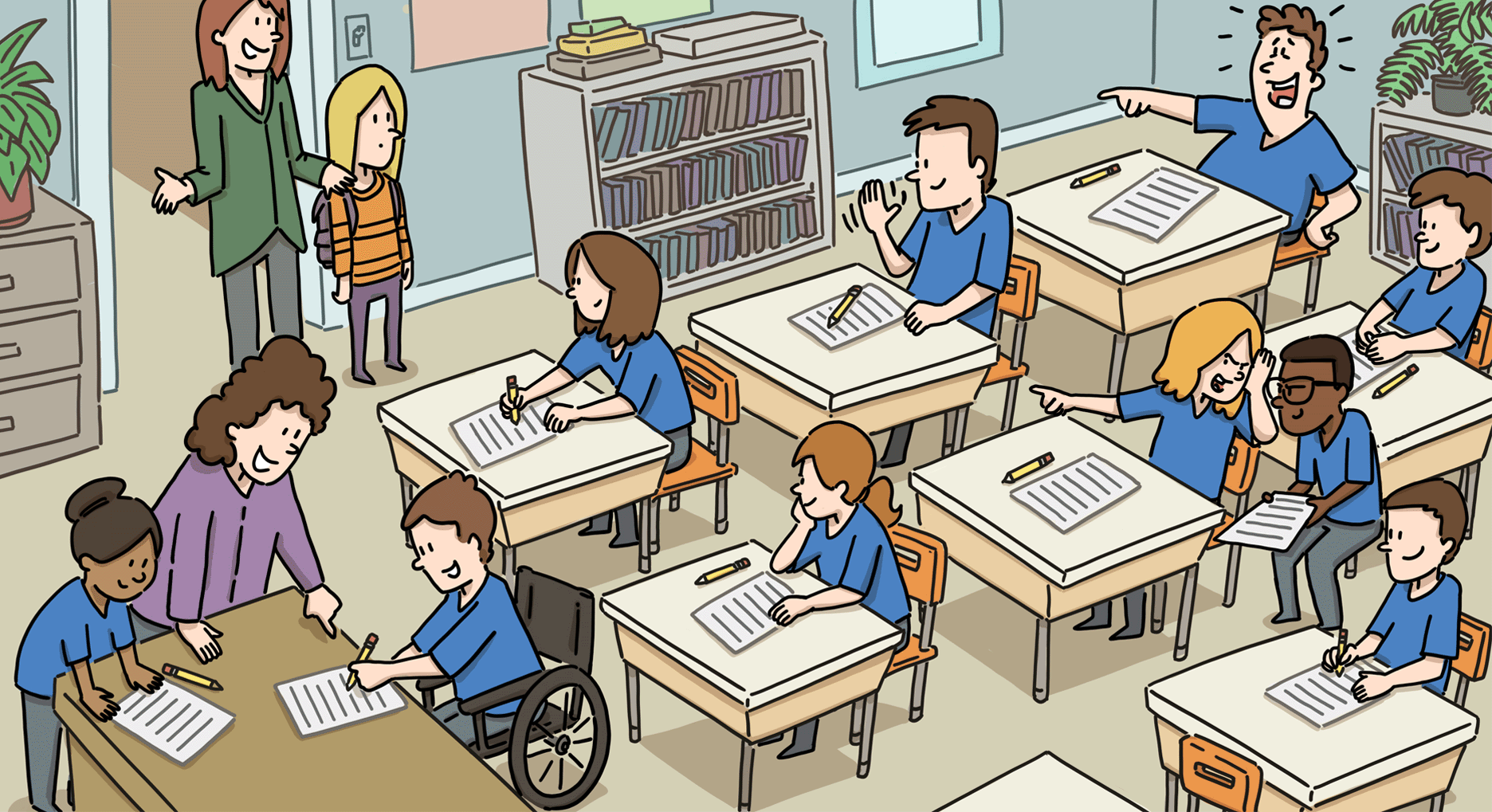 Une nouvelle élève entre dans une classe. La plupart des élèves se tournent vers elle en souriant. L’un des élèves lui fait un signe de bienvenue. D’autres se mettent à rire ou à chuchoter entre eux.