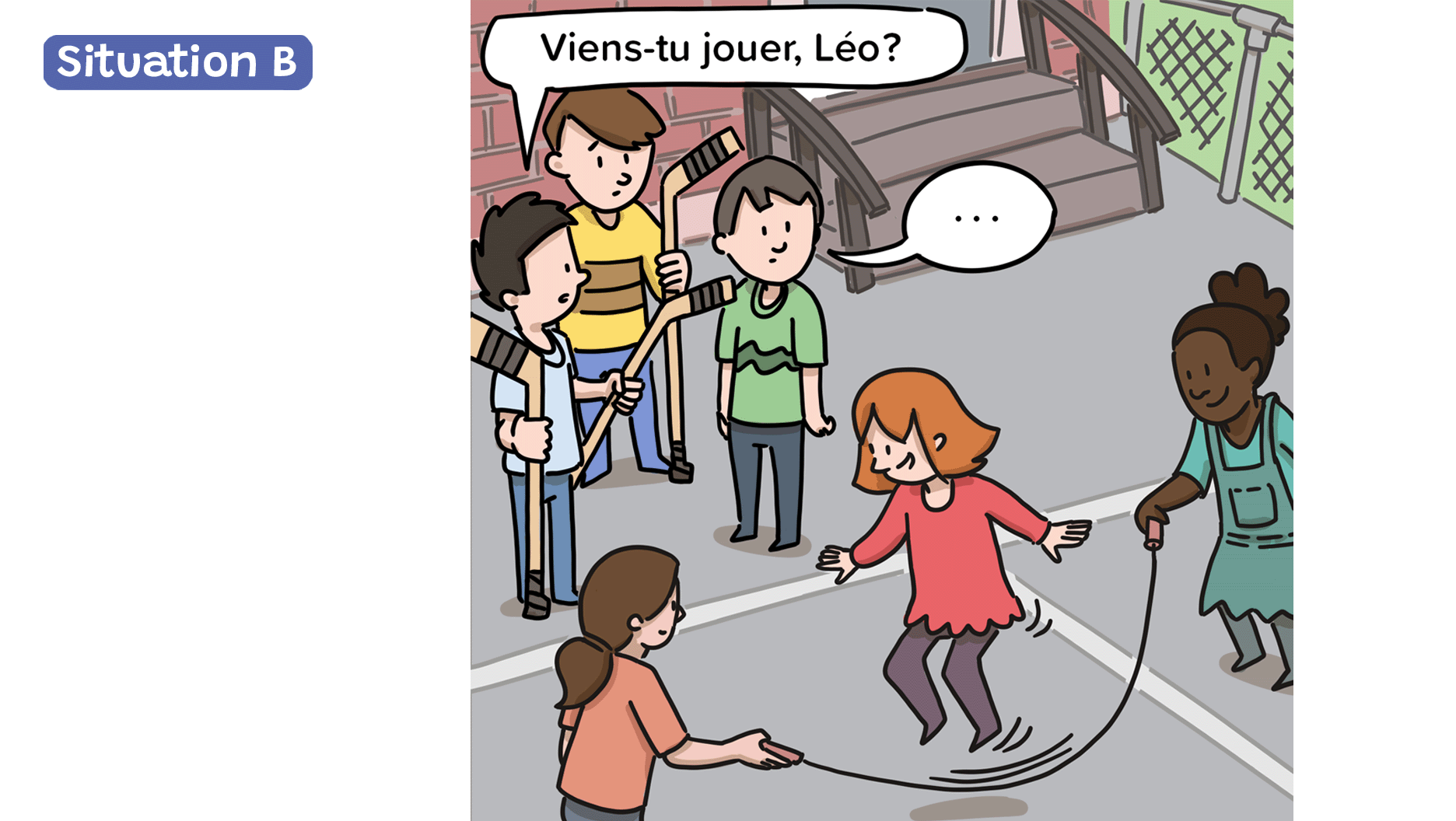 Dans la cour de l’école, Léo regarde des filles sauter à la corde. Ses amis s’apprêtent à jouer au hockey balle. L’un d’entre eux lui demande : « Viens-tu jouer, Léo? ». Que répondra Léo?