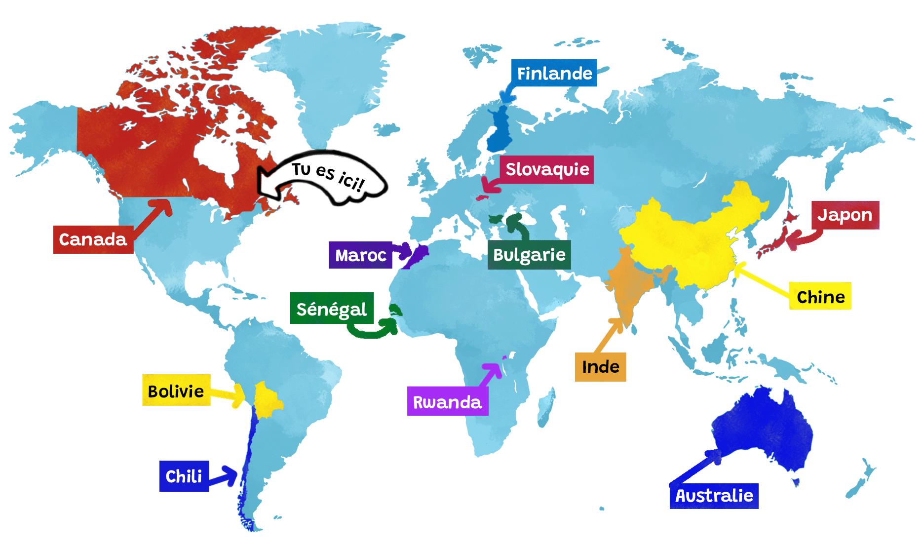 Une carte du monde sur laquelle sont identifiés plusieurs pays: le Canada, le Chili, la Bolivie, la Slovaquie, la Finlande, la Bulgarie, le Maroc, le Sénégal, le Rwanda, l’Inde, la Chine, le Japon et l’Australie.