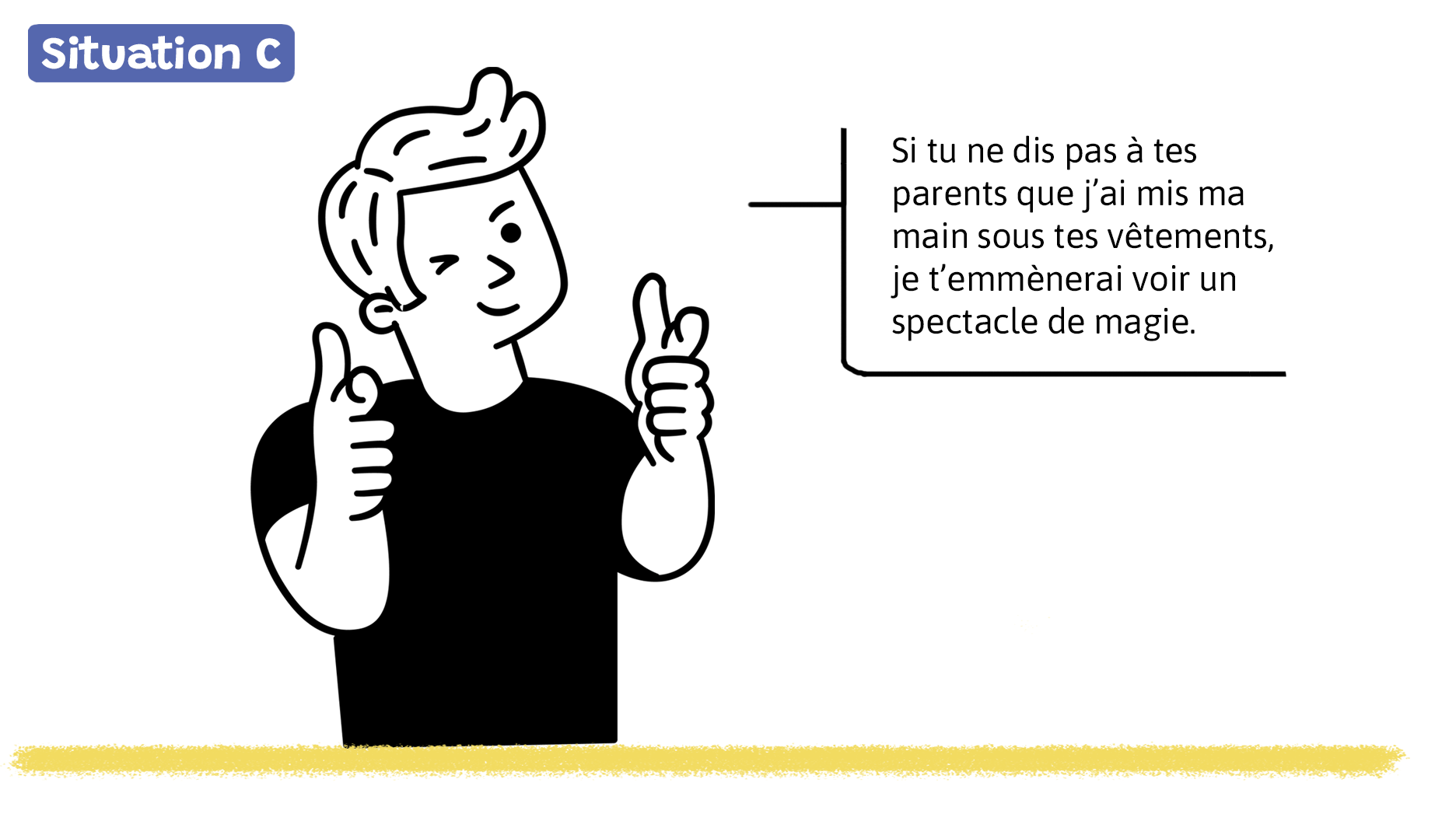 Un garçon dit: «Si tu ne dis pas à tes parents que j’ai mis ma main sous tes vêtements, je t’emmènerai voir un spectacle de magie.»