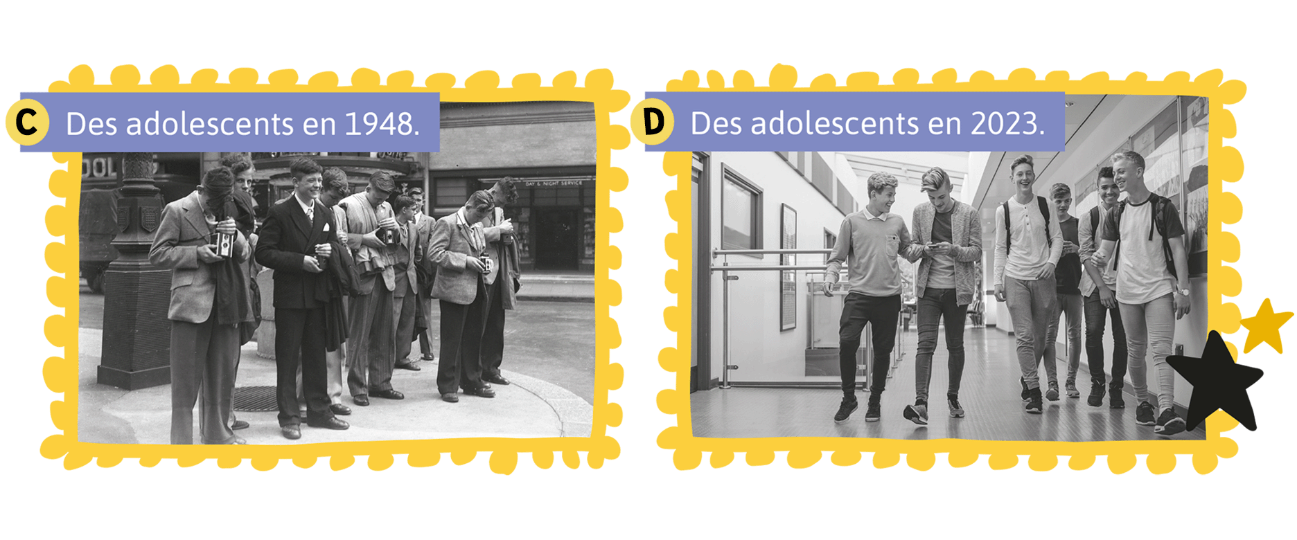 C. Des adolescents prennent des photos au coin d’une rue en 1948. Ils sont habillés en complets veston-cravate. D.	Des adolescents marchent dans le corridor d’une école en 2023. Ils portent des jeans, des chandails à manche courtes et des polos.