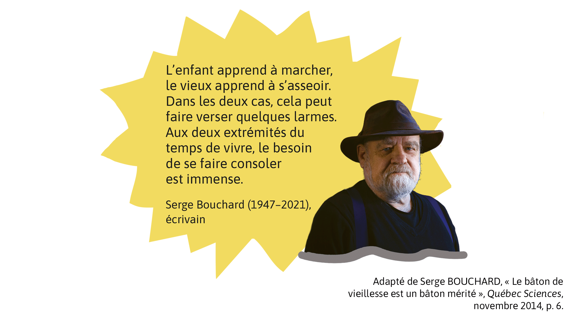 Un court texte de l’écrivain québécois Serge Bouchard: «L’enfant apprend à marcher, le vieux apprend à s’asseoir. Dans les deux cas, cela peut faire verser quelques larmes. Aux deux extrémités du temps de vivre, le besoin de se faire consoler est immense.»
