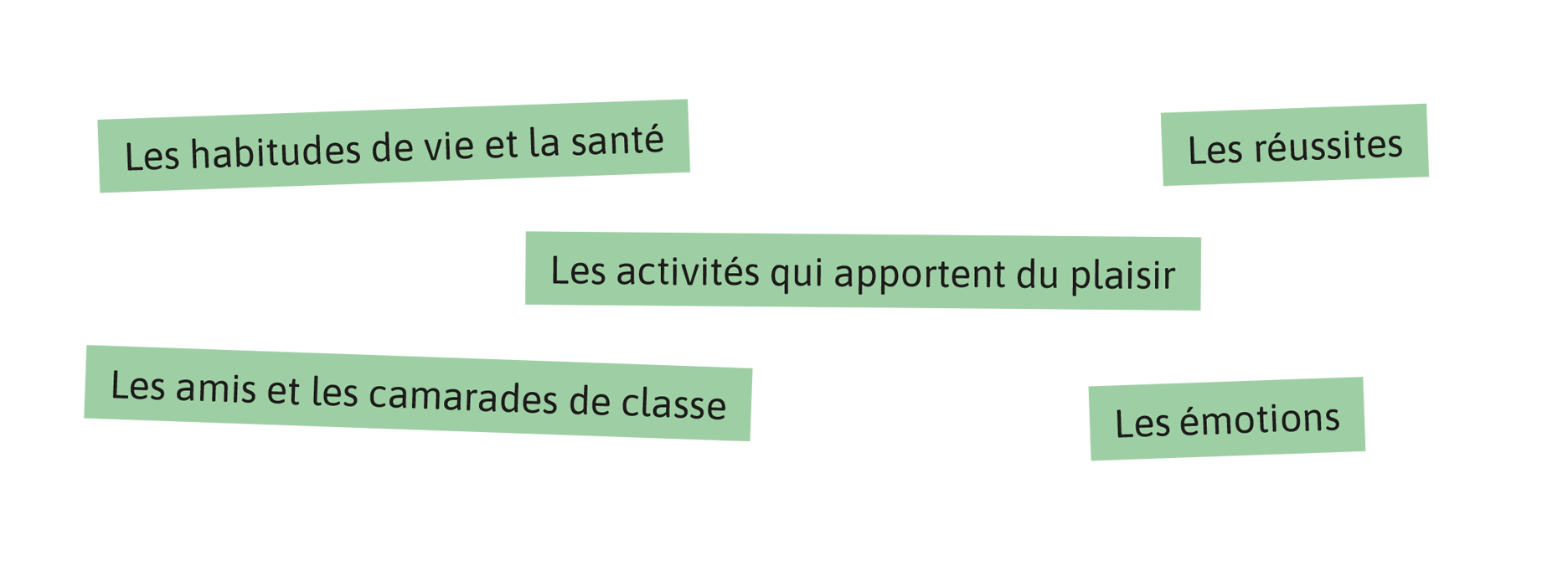 Premier sujet: Les habitudes de vie et la santé. Deuxième sujet: Les réussites. Troisième sujet: Les activités qui apportent du plaisir. Quatrième sujet: Les amis et les camarades de classe. Cinquième sujet: Les émotions.