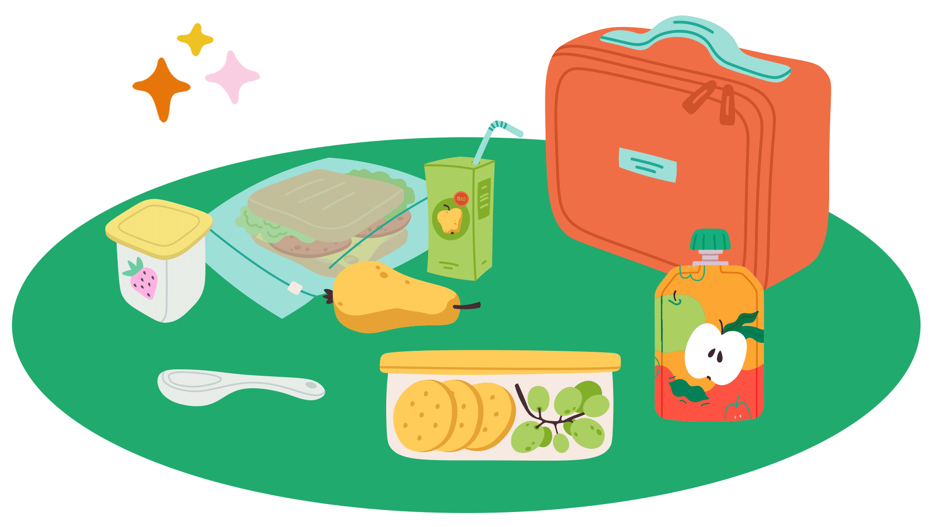 Le contenu d’une boîte à lunch: une boîte de jus de pomme biologique avec sa paille en carton, une poire, un yogourt dans un pot de plastique, une cuillère de bois, un sachet de compote de pommes à boire en plastique, des biscuits secs et des raisins dans un contenant réutilisable, un sandwich au salami et fromage dans un sac de plastique réutilisable.
