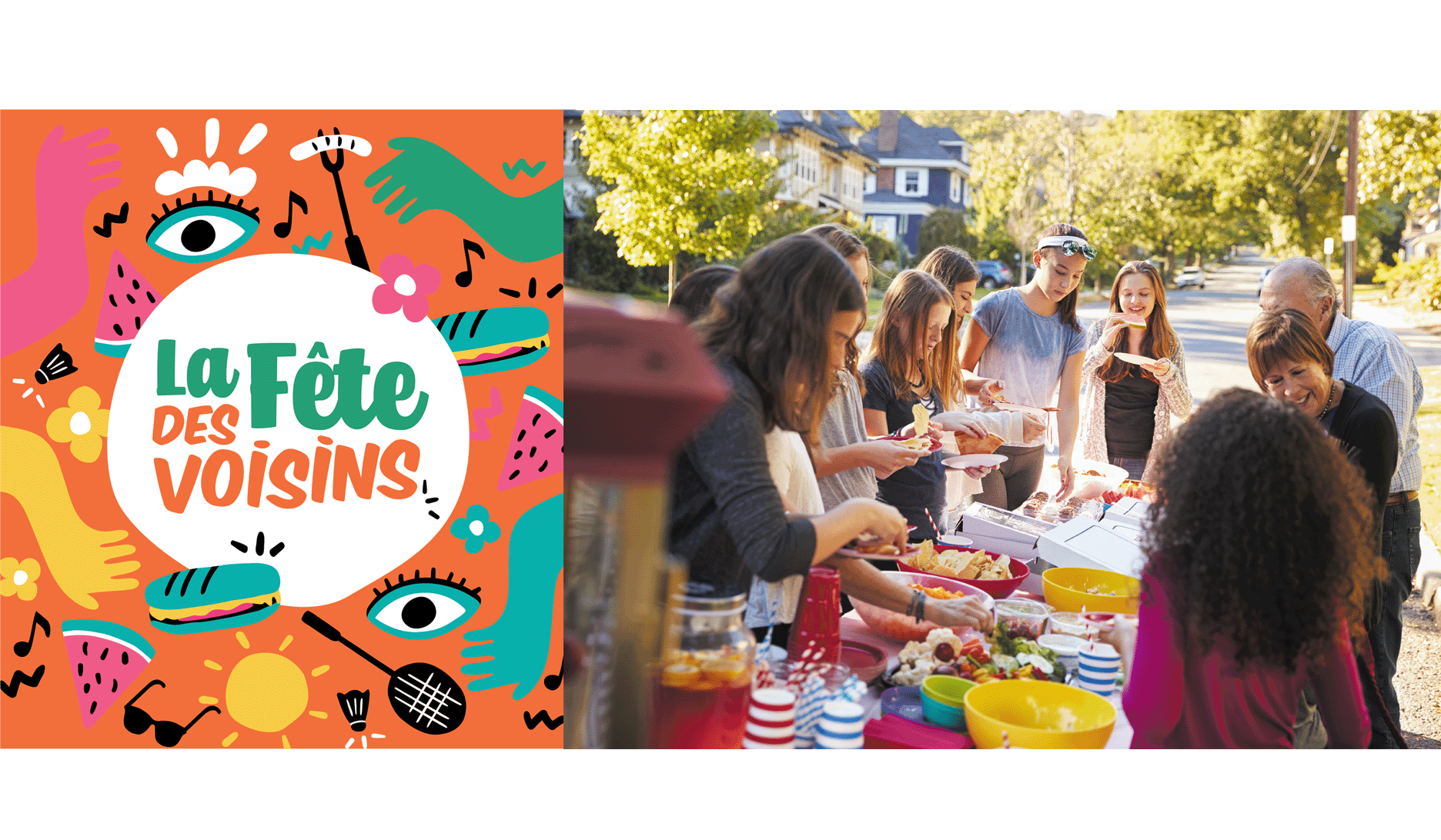 L’affiche de la fête des voisins. Des voisins partagent un repas en plein air dans leur quartier.