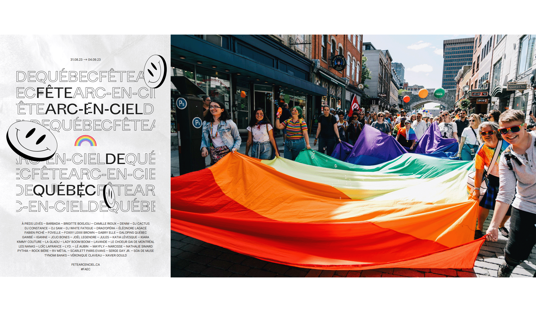 L’affiche de la fête arc-en-ciel de Québec. Des citoyens célèbrent la diversité en marchant dans les rues du Vieux-Québec. Ils tiennent un drapeau de la diversité formé de bandes multicolores.