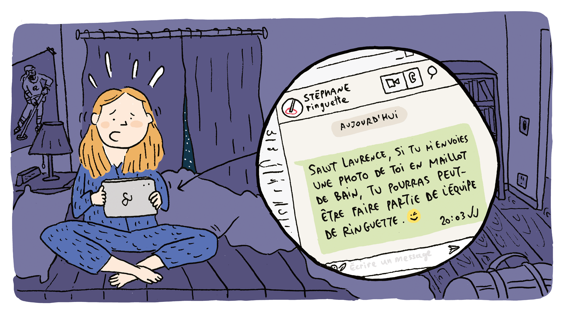 Laurence lit un message texte sur sa tablette électronique.