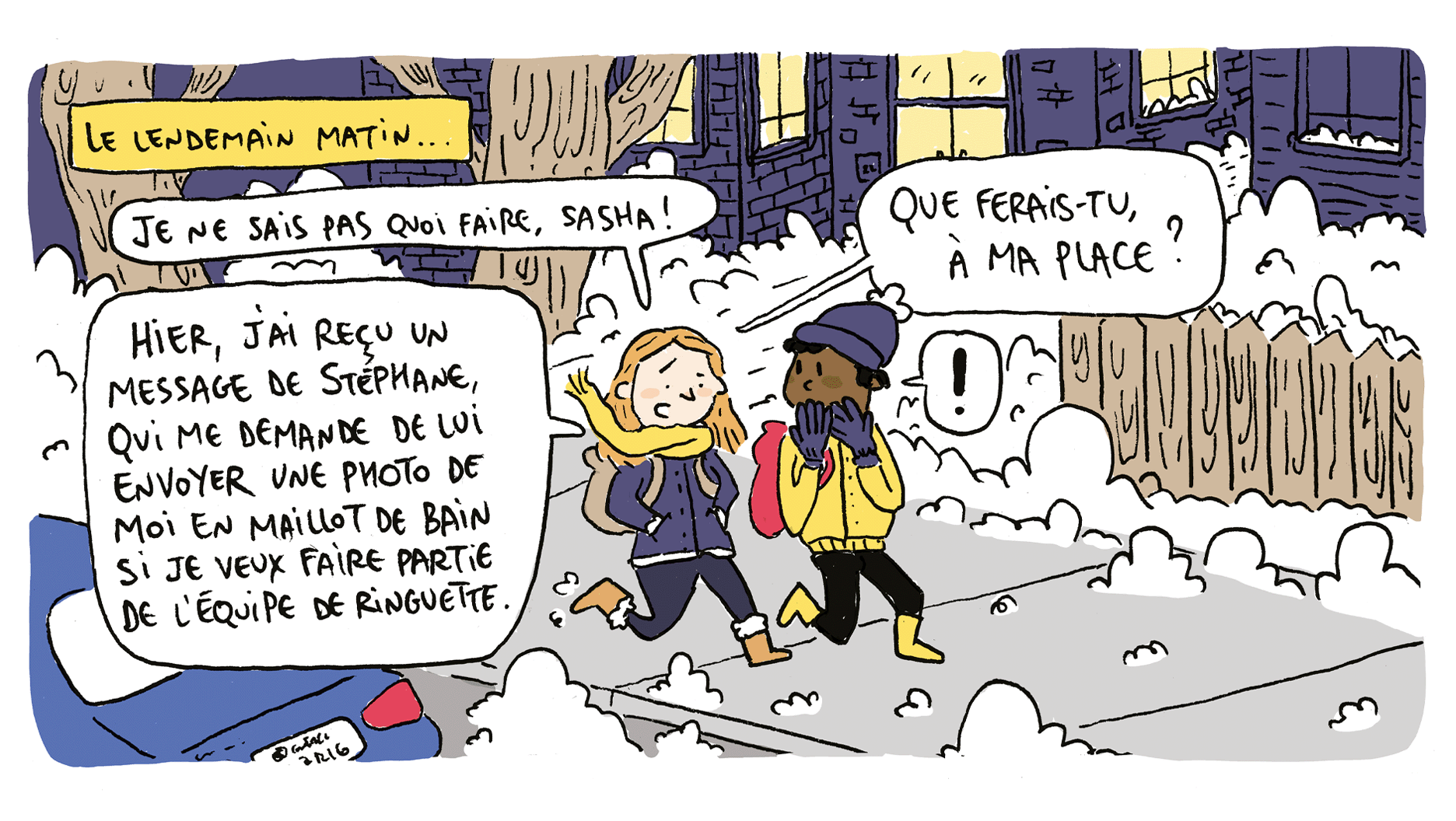 Laurence marche avec Sasha pour aller à l’école.