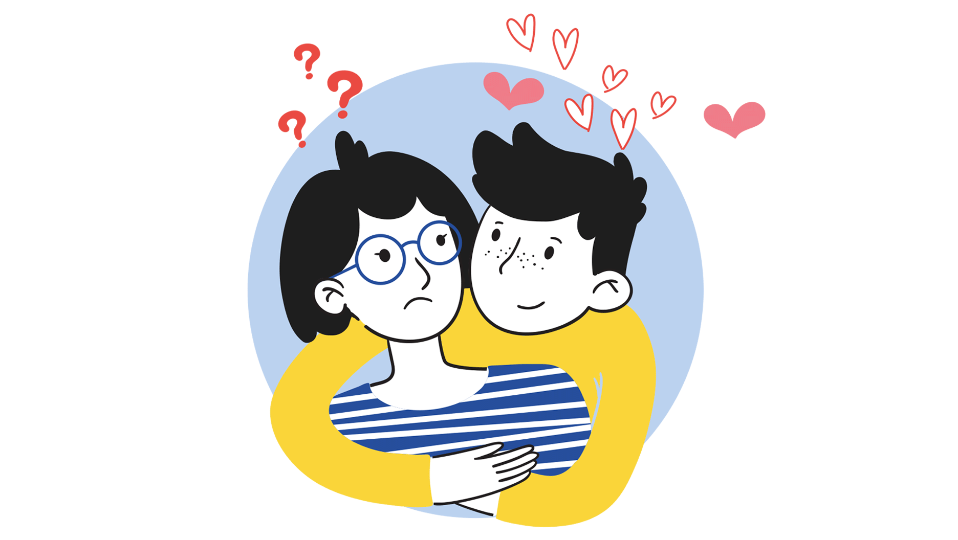 Un garçon enlace une fille. Le garçon semble amoureux. La fille n’apprécie pas que le garçon la touche.