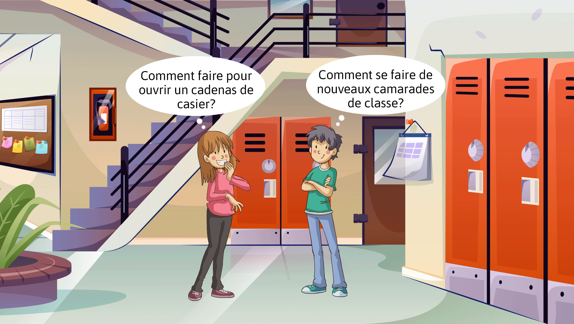 Deux jeunes de première secondaire se rencontrent dans le foyer des élèves, près des casiers.