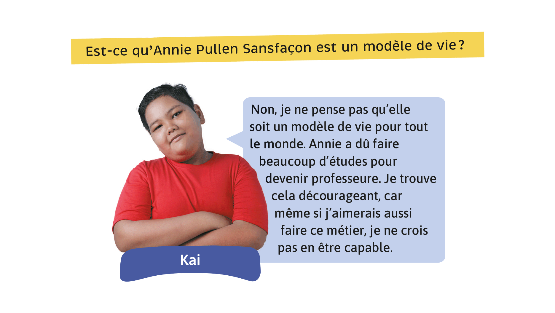 Est-ce qu’Annie Pullen Sansfaçon est un modèle de vie? Kai: Non, je ne pense pas qu’elle soit un modèle de vie pour tout le monde. Annie a dû faire beaucoup d’études pour devenir professeure. Je trouve cela décourageant, car même si j’aimerais aussi faire ce métier, je ne crois pas en être capable.