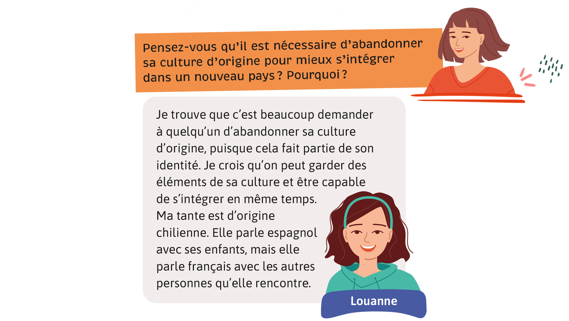 Enseignante: Pensez-vous qu’il est nécessaire d’abandonner sa culture d’origine pour mieux s’intégrer dans un nouveau pays? Pourquoi? Louanne: Je trouve que c’est beaucoup demander à quelqu’un d’abandonner sa culture d’origine, puisque cela fait partie de son identité. Je crois qu’on peut garder des éléments de sa culture et être capable de s’intégrer en même temps. Ma tante est d’origine chilienne. Elle parle espagnol avec ses enfants, mais elle parle français avec les autres personnes qu’elle rencontre.