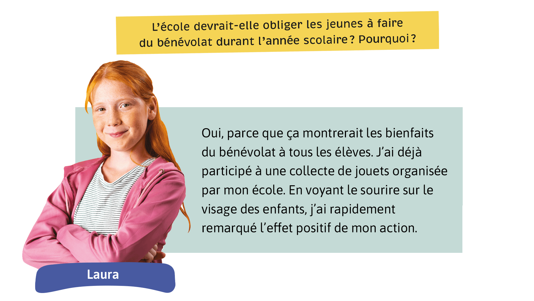 L’école devrait-elle obliger les jeunes à faire du bénévolat durant l’année scolaire? Pourquoi? Laura: Oui, parce que ça montrerait les bienfaits du bénévolat à tous les élèves. J’ai déjà participé à une collecte de jouets organisée par mon école. En voyant le sourire sur le visage des enfants, j’ai rapidement remarqué l’effet positif de mon action.