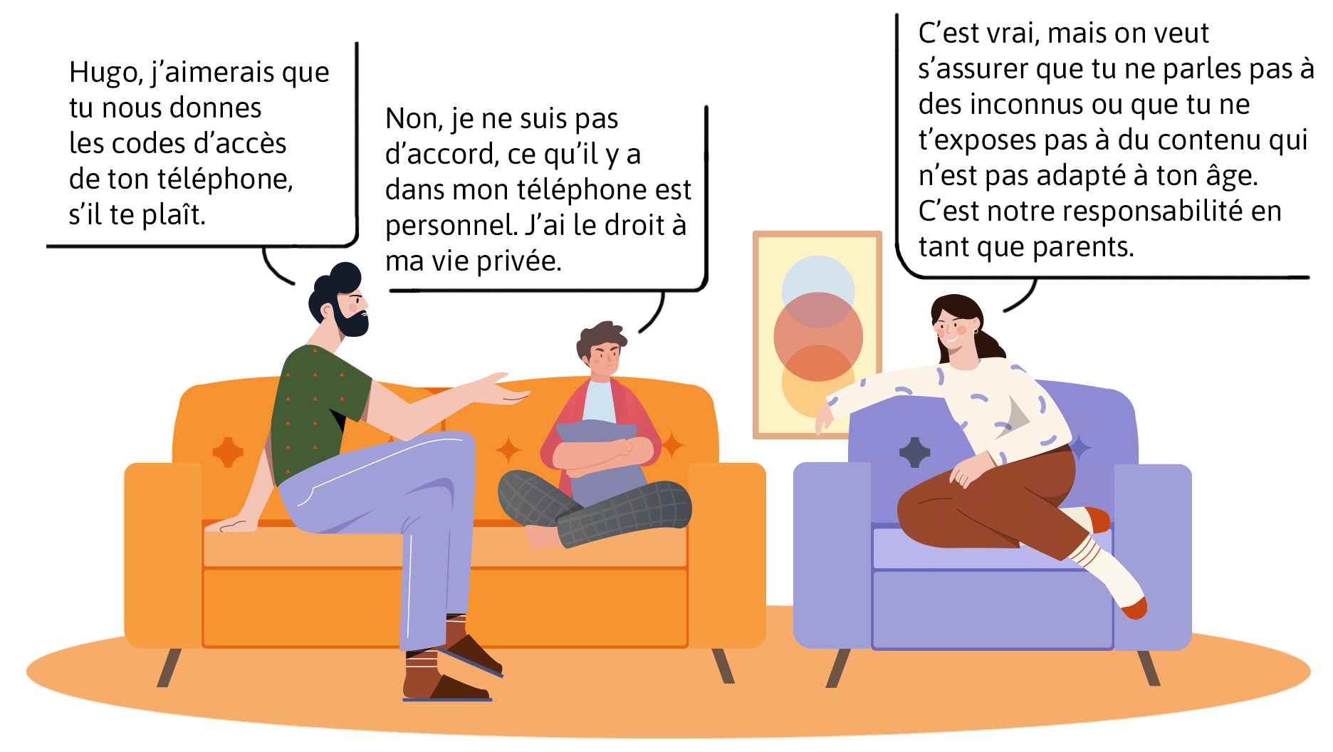 Hugo et ses parents discutent de l’utilisation de son téléphone. Le père d’Hugo lui demande poliment de leur donner les codes d’accès de son téléphone. Hugo répond qu’il n’est pas d’accord, et qu’il a droit à sa vie privée. La mère d’Hugo lui dit que c’est vrai, mais qu’ils veulent simplement s’assurer que Hugo ne parle pas à des inconnus ou qu’il ne s’expose pas à du contenu qui n’est pas adapté à son âge.