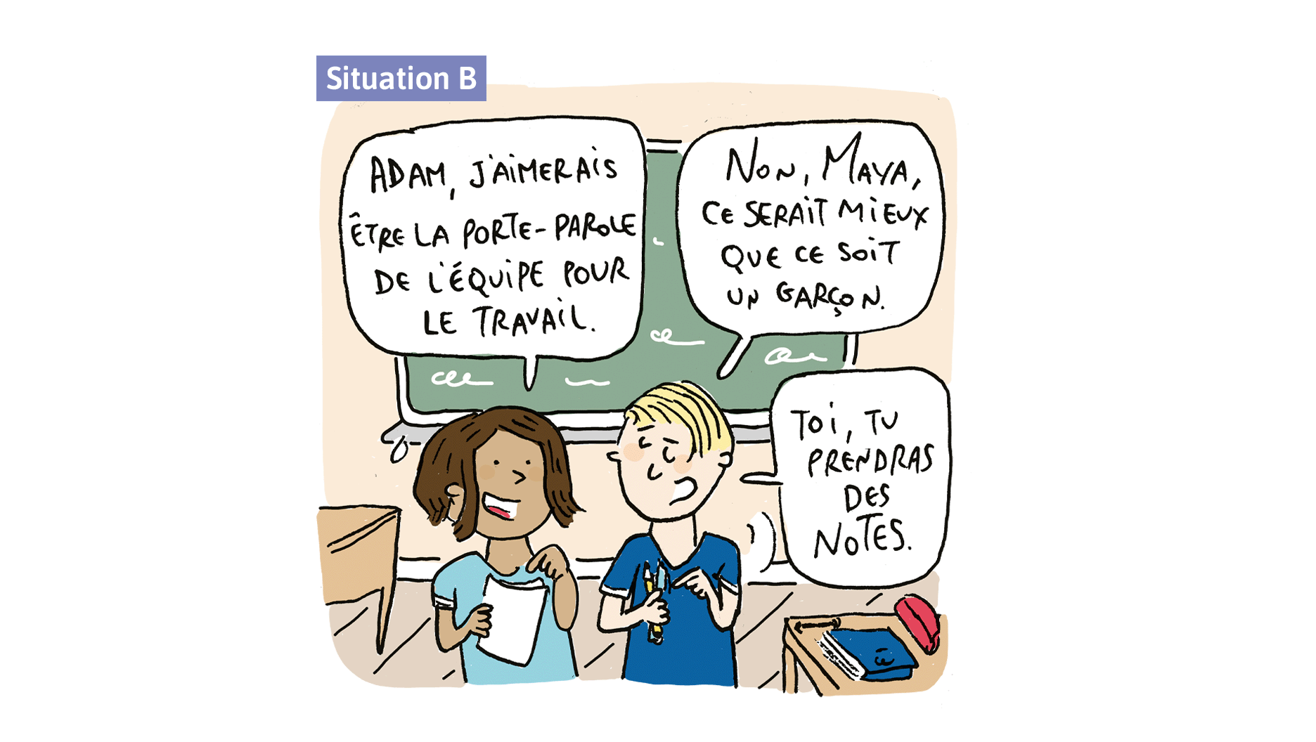 Maya et Adam discutent en classe de l’organisation de leur travail d’équipe. Maya dit: «Adam, je veux être la porte-parole de l’équipe pour le travail.». Adam lui répond: «Non, Maya. Ce serait mieux que ce soit un garçon. Toi, tu prendras des notes.».
