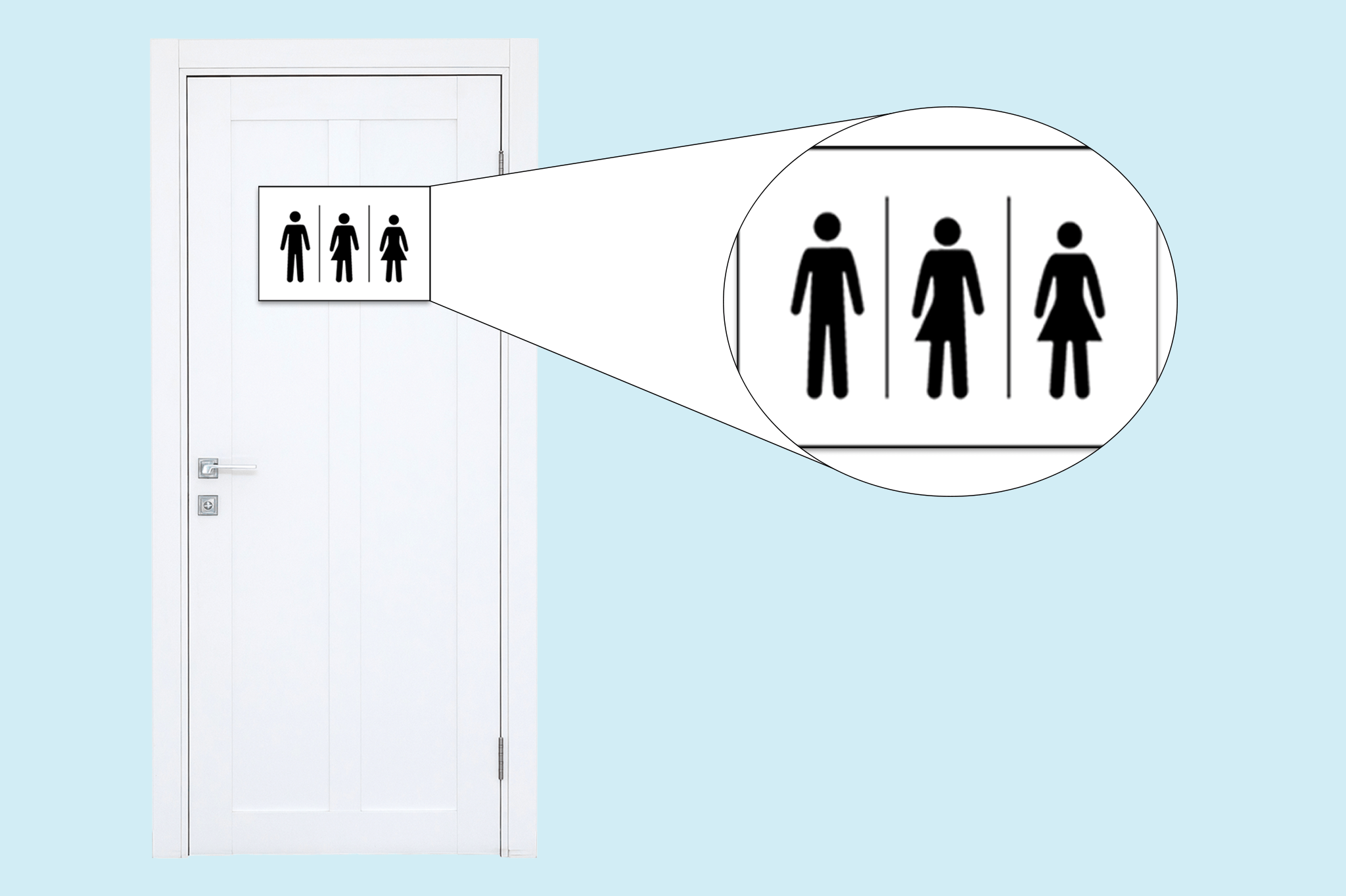 La photo montre une porte de toilettes publiques sur laquelle une pancarte affiche trois pictogrammes: celui de gauche, une silhouette vêtue d’un pantalon; celui de droite, une silhouette vêtue d’une robe; celui du centre est un mélange des deux autres: une silhouette vêtue d’une robe sur sa moitié gauche et d’un pantalon sur sa moitié droite.